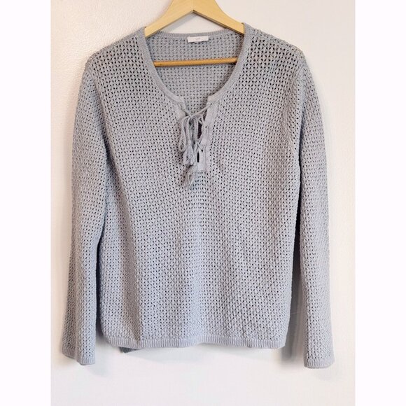 J. Jill Open Knit Lace Up Sweater Women’s Size M Gray Boho Coastal - Picture 3 of 11